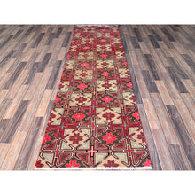 Load image into Gallery viewer, 2&#39;8&quot;x8&#39;8&quot; Punch Pink, Vintage Northwest Persian with Squares and Rosettes Design, 100% Wool, Hand Knotted, Cropped Thin, Even Wear, Sides and Ends Professionally Secured, Good Condition, Runner, Oriental Rug Sh649 FWR3894