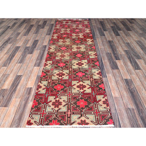 2'8"x8'8" Punch Pink, Vintage Northwest Persian with Squares and Rosettes Design, 100% Wool, Hand Knotted, Cropped Thin, Even Wear, Sides and Ends Professionally Secured, Good Condition, Runner, Oriental Rug Sh649 FWR3894
