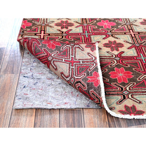 2'8"x8'8" Punch Pink, Vintage Northwest Persian with Squares and Rosettes Design, 100% Wool, Hand Knotted, Cropped Thin, Even Wear, Sides and Ends Professionally Secured, Good Condition, Runner, Oriental Rug Sh649 FWR3894