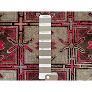 2'8"x8'8" Punch Pink, Vintage Northwest Persian with Squares and Rosettes Design, 100% Wool, Hand Knotted, Cropped Thin, Even Wear, Sides and Ends Professionally Secured, Good Condition, Runner, Oriental Rug Sh649 FWR3894