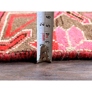 2'8"x8'8" Punch Pink, Vintage Northwest Persian with Squares and Rosettes Design, 100% Wool, Hand Knotted, Cropped Thin, Even Wear, Sides and Ends Professionally Secured, Good Condition, Runner, Oriental Rug Sh649 FWR3894