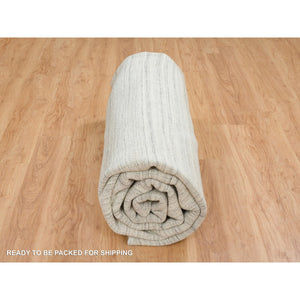 12'1"x12'1" Ivory and Cream, Thick and Plush Plain Hand Loomed, Undyed Natural Wool Modern Design, Round Oriental Rug FWR390000