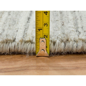12'1"x12'1" Ivory and Cream, Thick and Plush Plain Hand Loomed, Undyed Natural Wool Modern Design, Round Oriental Rug FWR390000