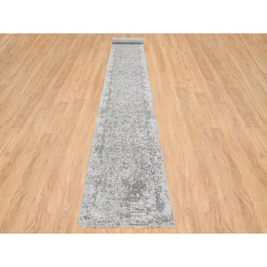 2'7"x17'7" Gray, Hand Knotted Wool and Pure Silk, Broken Persian Design, XL Runner Oriental Rug FWR390132