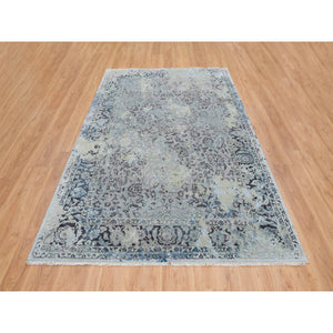 6'x9' Light Gray, Pure Silk With Wool Hand Knotted, Broken Kashan Design, Oriental Rug FWR390150