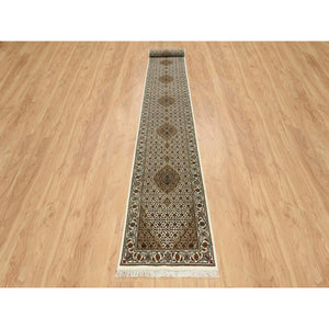 2'6"x18' Ivory, Tabriz Mahi with Fish Medallion Design, 175 KPSI, Pure Wool, Hand Knotted, XL Runner Oriental Rug FWR390510