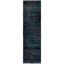 Load image into Gallery viewer, 2&#39;8&quot;x9&#39;6&quot; Overdyed Green, Vintage Persian with Geometric Pattern, Worn Down, Distressed, Zero Pile, Sides and Ends Professionally Secured, 100% Wool, Hand Knotted, Narrow Runner, Oriental Rug Sh650 FWR3900