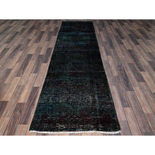 Load image into Gallery viewer, 2&#39;8&quot;x9&#39;6&quot; Overdyed Green, Vintage Persian with Geometric Pattern, Worn Down, Distressed, Zero Pile, Sides and Ends Professionally Secured, 100% Wool, Hand Knotted, Narrow Runner, Oriental Rug Sh650 FWR3900