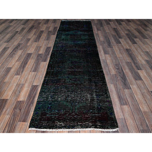 2'8"x9'6" Overdyed Green, Vintage Persian with Geometric Pattern, Worn Down, Distressed, Zero Pile, Sides and Ends Professionally Secured, 100% Wool, Hand Knotted, Narrow Runner, Oriental Rug Sh650 FWR3900