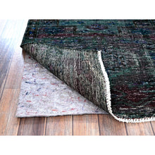 Load image into Gallery viewer, 2&#39;8&quot;x9&#39;6&quot; Overdyed Green, Vintage Persian with Geometric Pattern, Worn Down, Distressed, Zero Pile, Sides and Ends Professionally Secured, 100% Wool, Hand Knotted, Narrow Runner, Oriental Rug Sh650 FWR3900