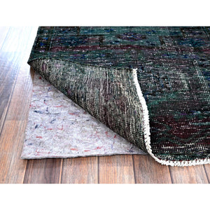 2'8"x9'6" Overdyed Green, Vintage Persian with Geometric Pattern, Worn Down, Distressed, Zero Pile, Sides and Ends Professionally Secured, 100% Wool, Hand Knotted, Narrow Runner, Oriental Rug Sh650 FWR3900