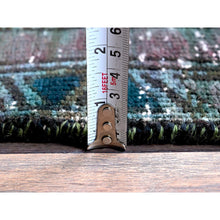 Load image into Gallery viewer, 2&#39;8&quot;x9&#39;6&quot; Overdyed Green, Vintage Persian With Geometric Pattern, Worn Down, Distressed, Zero Pile, Sides And Ends Professionally Secured, 100% Wool, Hand Knotted, Narrow Runner, Oriental Rug FWR3900