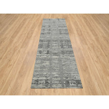 Load image into Gallery viewer, 2&#39;6&quot;x10&#39; Light Gray, Hand Knotted, Modern Criss Cross Erased Design, Hand Spun Undyed Natural Wool, Oriental Runner Rug FWR390996
