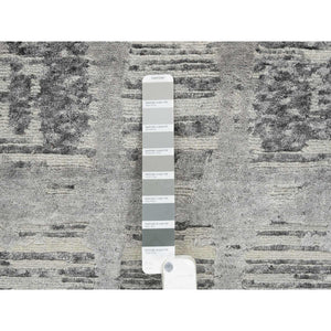 2'6"x10' Light Gray, Hand Knotted, Modern Criss Cross Erased Design, Hand Spun Undyed Natural Wool, Oriental Runner Rug FWR390996