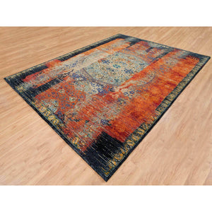 9'2"x12'1" Rust Red & Black, Ancient Ottoman Erased Design, Ghazni Wool Hand Knotted, Oriental Rug FWR391020