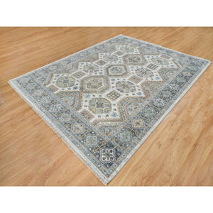 7'10"x10' Ivory, Plush And Lush Pile Pure Wool, Hand Knotted Karajeh Heritage Design, Oriental Rug FWR391110