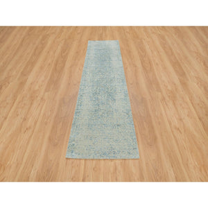 2'6"x10' Gray With Touches Of Blue, Wool And Plant Based Silk, Modern Jacquard Hand Loomed, Soft To The Touch, Runner Oriental Rug FWR391146