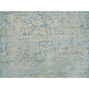 2'6"x10' Gray With Touches Of Blue, Wool And Plant Based Silk, Modern Jacquard Hand Loomed, Soft To The Touch, Runner Oriental Rug FWR391146