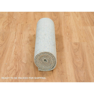 2'6"x10' Gray With Touches Of Blue, Wool And Plant Based Silk, Modern Jacquard Hand Loomed, Soft To The Touch, Runner Oriental Rug FWR391146