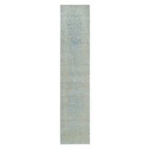 Load image into Gallery viewer, 2&#39;6&quot;x12&#39; Gray with Touches of Blue, Modern Jacquard Hand Loomed, Soft to the Touch Wool and Plant Based Silk, Runner Oriental Rug FWR391158