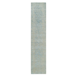 2'6"x12' Gray with Touches of Blue, Modern Jacquard Hand Loomed, Soft to the Touch Wool and Plant Based Silk, Runner Oriental Rug FWR391158