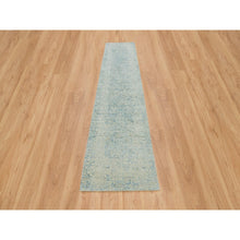 Load image into Gallery viewer, 2&#39;6&quot;x12&#39; Gray with Touches of Blue, Modern Jacquard Hand Loomed, Soft to the Touch Wool and Plant Based Silk, Runner Oriental Rug FWR391158