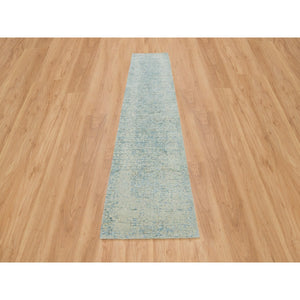 2'6"x12' Gray with Touches of Blue, Modern Jacquard Hand Loomed, Soft to the Touch Wool and Plant Based Silk, Runner Oriental Rug FWR391158