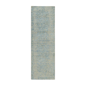 2'6"x8 Gray with Touches of Blue, Modern Jacquard Hand Loomed, Soft to the Touch Wool and Plant Based Silk, Runner Oriental Rug FWR391164