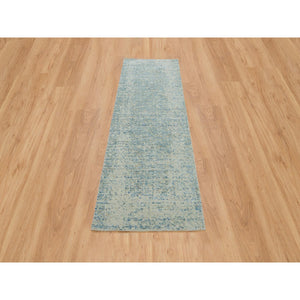 2'6"x8 Gray with Touches of Blue, Modern Jacquard Hand Loomed, Soft to the Touch Wool and Plant Based Silk, Runner Oriental Rug FWR391164