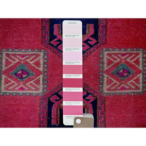 2'5"x9'10" Punch Pink, Overdyed Northwest Persian with Armenian Inspired Caucasian Design, 100% Wool, Hand Knotted, Shaved Down, Zero Pile, Sides and Ends Professionally Secured, Good Condition, Narrow Runner, Oriental Rug Sh651 FWR3906