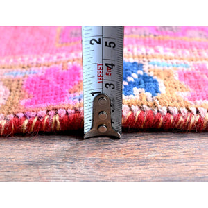 2'5"x9'10" Punch Pink, Overdyed Northwest Persian with Armenian Inspired Caucasian Design, 100% Wool, Hand Knotted, Shaved Down, Zero Pile, Sides and Ends Professionally Secured, Good Condition, Narrow Runner, Oriental Rug Sh651 FWR3906