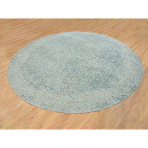 9'10"x9'10" Gray with Touches of Blue, Wool and Plant Based Silk, Modern Jacquard Hand Loomed, Soft to the Touch, Round Oriental Rug FWR391200