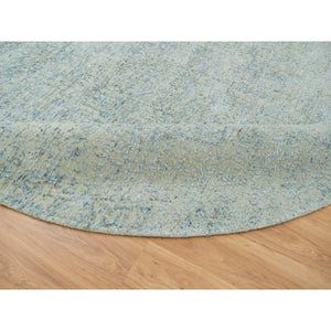 9'10"x9'10" Gray with Touches of Blue, Wool and Plant Based Silk, Modern Jacquard Hand Loomed, Soft to the Touch, Round Oriental Rug FWR391200