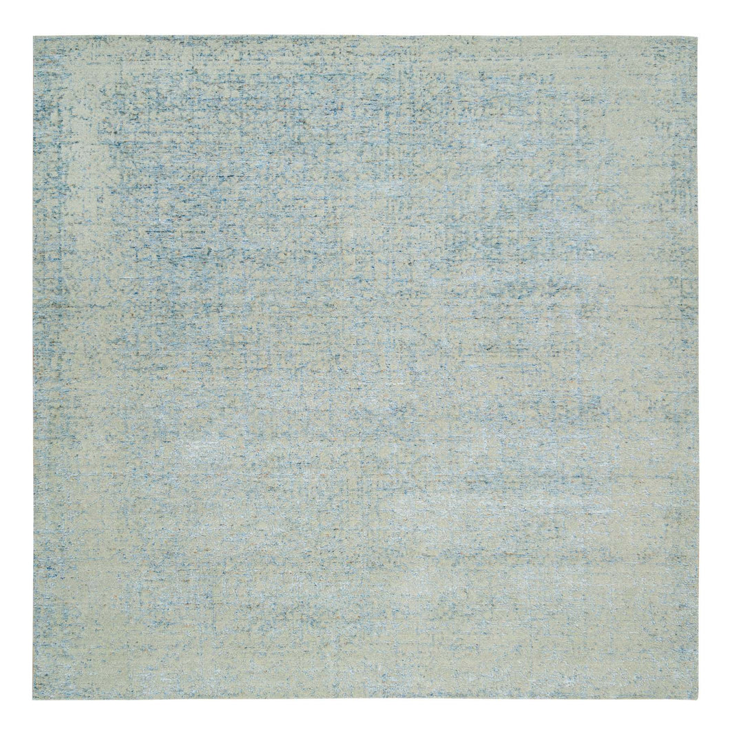 10'x10' Gray with Touches of Blue, Modern Jacquard Hand Loomed, Soft to the Touch Wool and Plant Based Silk, Square Oriental Rug FWR391278