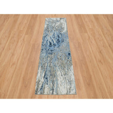Load image into Gallery viewer, 2&#39;7&quot;x8&#39;1&quot; Gray And Blue, Abstract Design Hi-low Pile, Wool And Silk Hand Knotted, Runner Oriental Rug FWR391296