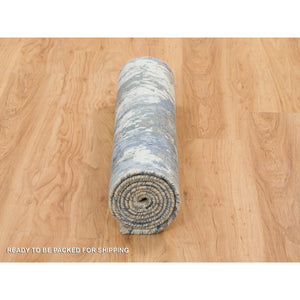 2'7"x8'1" Gray And Blue, Abstract Design Hi-low Pile, Wool And Silk Hand Knotted, Runner Oriental Rug FWR391296