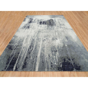 10'1"x14'1" Black With Touches Of Ivory, Hand Knotted Modern Abstract Design, Wool And Silk, Oriental Rug FWR391320