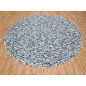 12'x12' Blue and Ivory, Modern Striae Design Soft Pile, Pure Wool Hand Loomed, Round Oriental Rug FWR391434