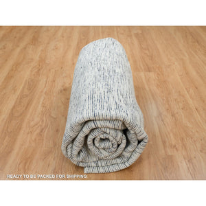 12'x12' Blue and Ivory, Modern Striae Design Soft Pile, Pure Wool Hand Loomed, Round Oriental Rug FWR391434