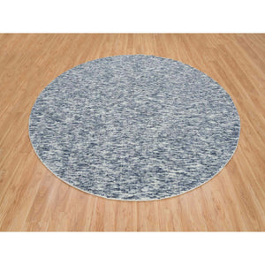 10'x10' Blue And Ivory, Soft To The Touch Pure Wool, Hand Loomed Modern Striae Design, Round Oriental Rug FWR391452