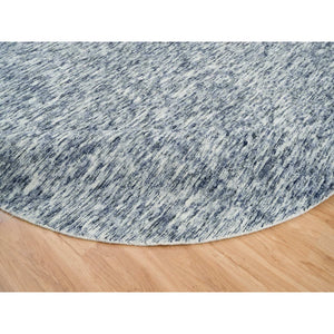 10'x10' Blue And Ivory, Soft To The Touch Pure Wool, Hand Loomed Modern Striae Design, Round Oriental Rug FWR391452