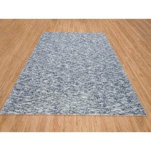 8'2"x10' Blue and Ivory, Pure Wool Hand Loomed, Modern Striae Design Soft to the Touch, Oriental Rug FWR391458
