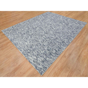 8'2"x10' Blue and Ivory, Pure Wool Hand Loomed, Modern Striae Design Soft to the Touch, Oriental Rug FWR391458