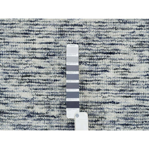 8'2"x10' Blue and Ivory, Pure Wool Hand Loomed, Modern Striae Design Soft to the Touch, Oriental Rug FWR391458
