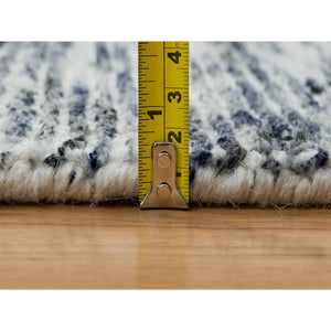 8'2"x10' Blue and Ivory, Pure Wool Hand Loomed, Modern Striae Design Soft to the Touch, Oriental Rug FWR391458