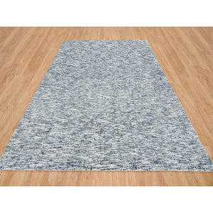 9'x12' Blue and Ivory, Modern Striae Design Soft to the Touch, Pure Wool Hand Loomed, Oriental Rug FWR391482