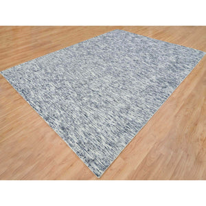 9'x12' Blue and Ivory, Modern Striae Design Soft to the Touch, Pure Wool Hand Loomed, Oriental Rug FWR391482