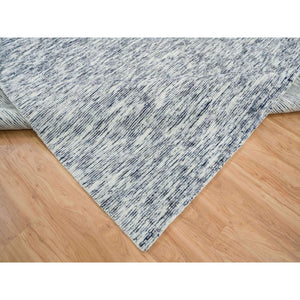 9'x12' Blue and Ivory, Modern Striae Design Soft to the Touch, Pure Wool Hand Loomed, Oriental Rug FWR391482