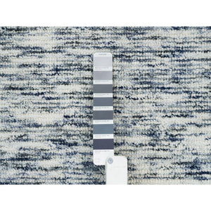 9'x12' Blue and Ivory, Modern Striae Design Soft to the Touch, Pure Wool Hand Loomed, Oriental Rug FWR391482