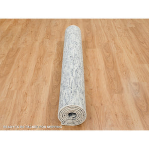 6'1"x9'1" Blue And Ivory, Modern Striae Design Soft To The Touch, Pure Wool Hand Loomed, Oriental Rug FWR391494